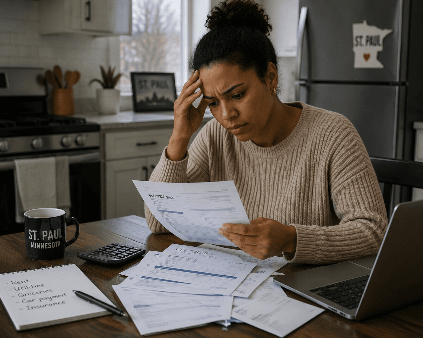 Person reviewing bills at a kitchen table