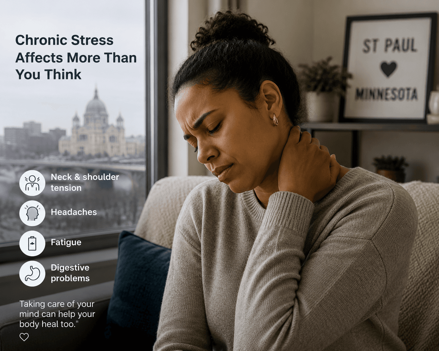 Person holding their neck, illustrating physical effects of chronic stress