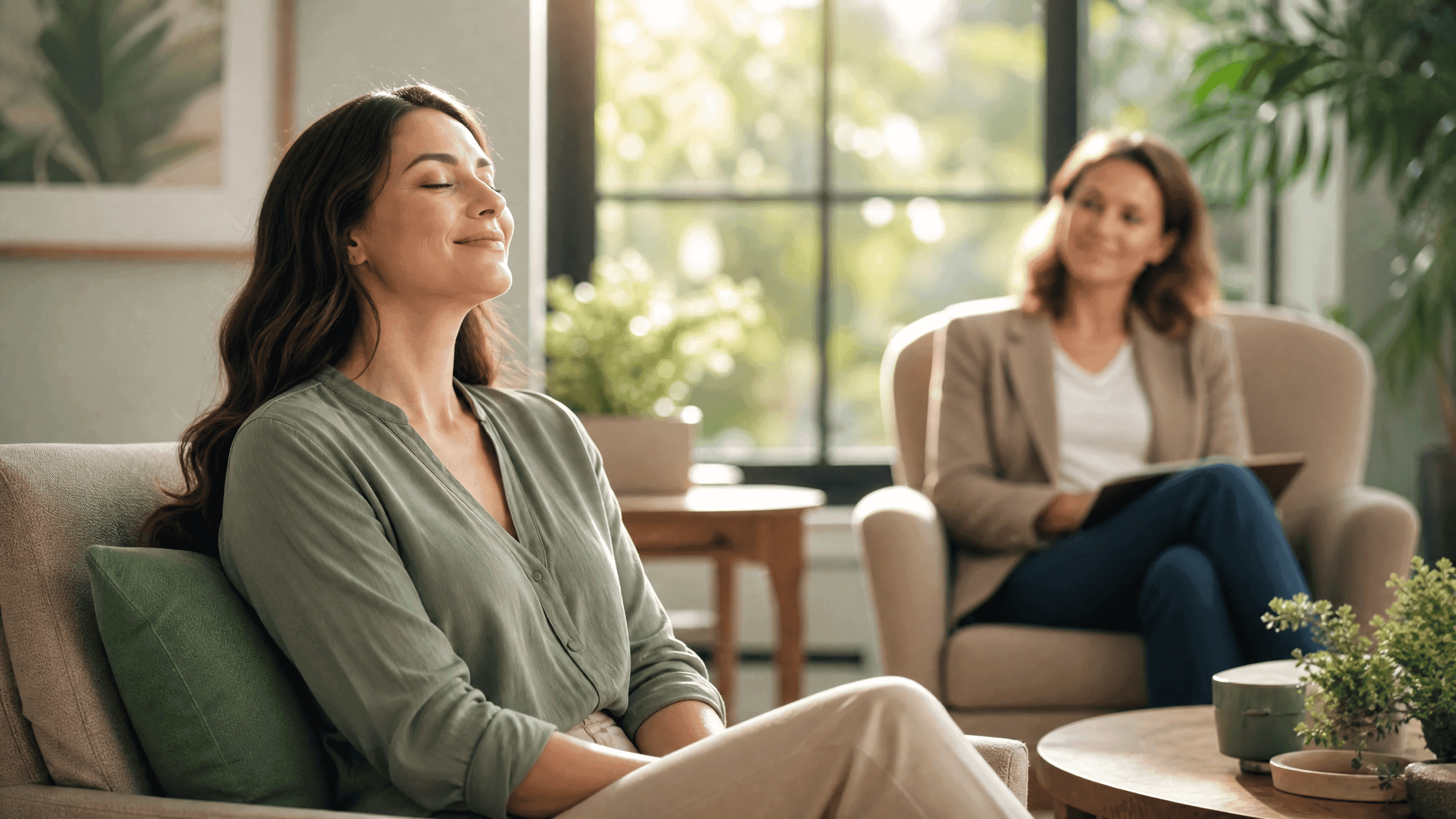 A calm woman experiencing a sense of relief and peace during a supportive therapy session in a warm, sun-lit office.