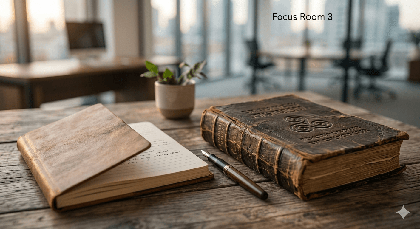 Soft, diffused lighting on a journal resting beside a well-worn spiritual text