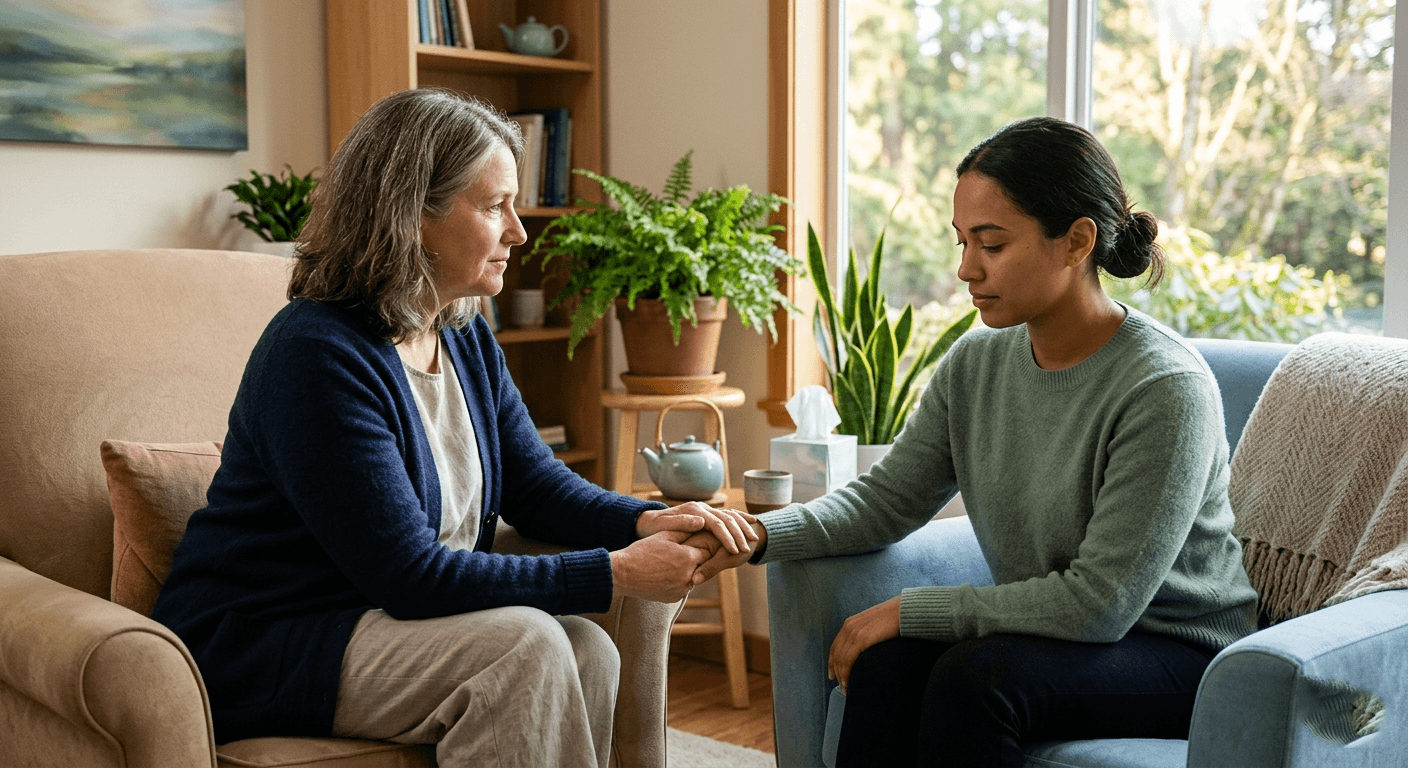 Professional mental health therapy session supporting client healing and recovery in a calm office.