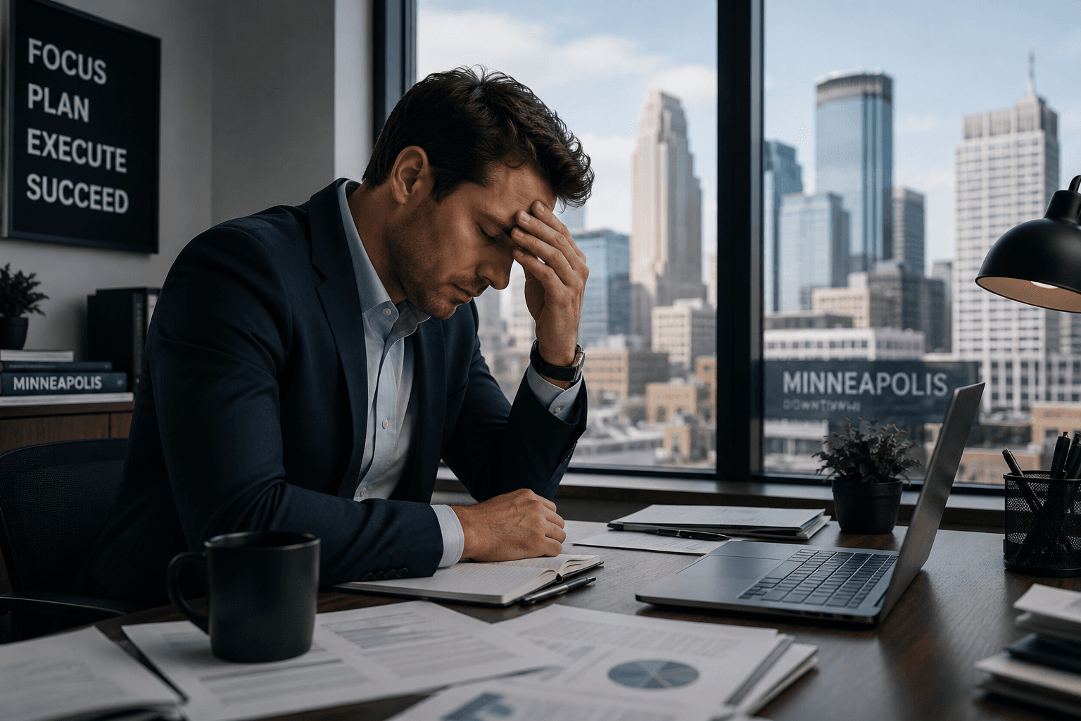 A professional in downtown Minneapolis experiencing workplace stress at a desk