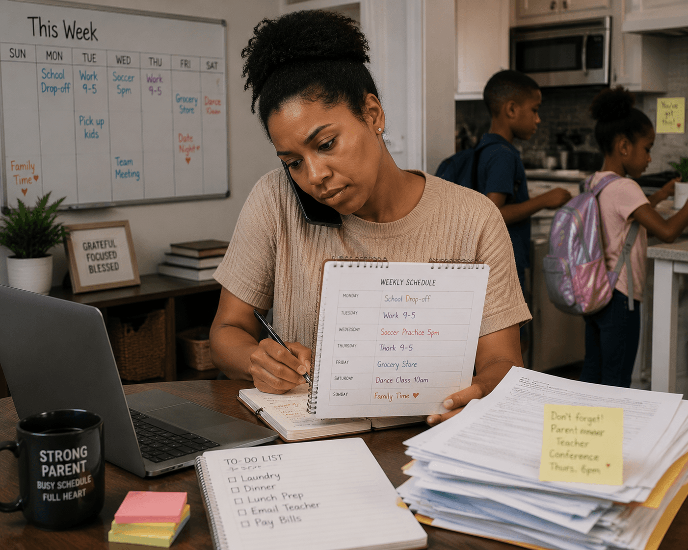 Parent managing a busy household schedule
