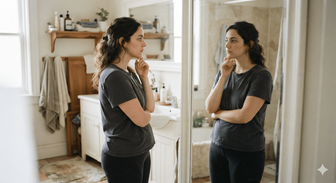 Person looking thoughtfully in a mirror, illustrating a moment of body image reflection