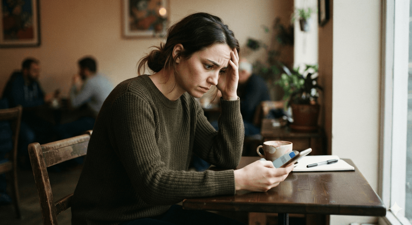 Person sitting alone, looking conflicted, phone in hand, in a moment of difficult decision