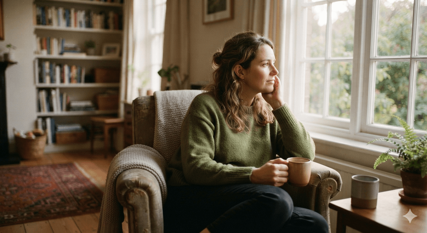 Person sitting quietly in a calm, softly lit room, appearing thoughtful and at ease