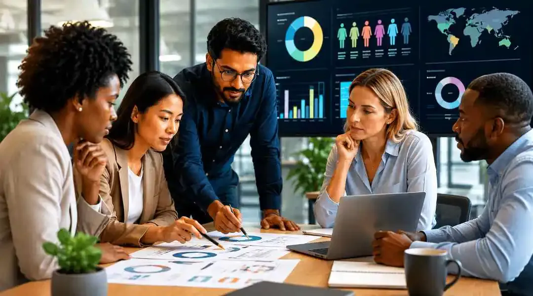 A diverse team of mental health professionals analyzing demographic data and equity trends on a large screen.webp