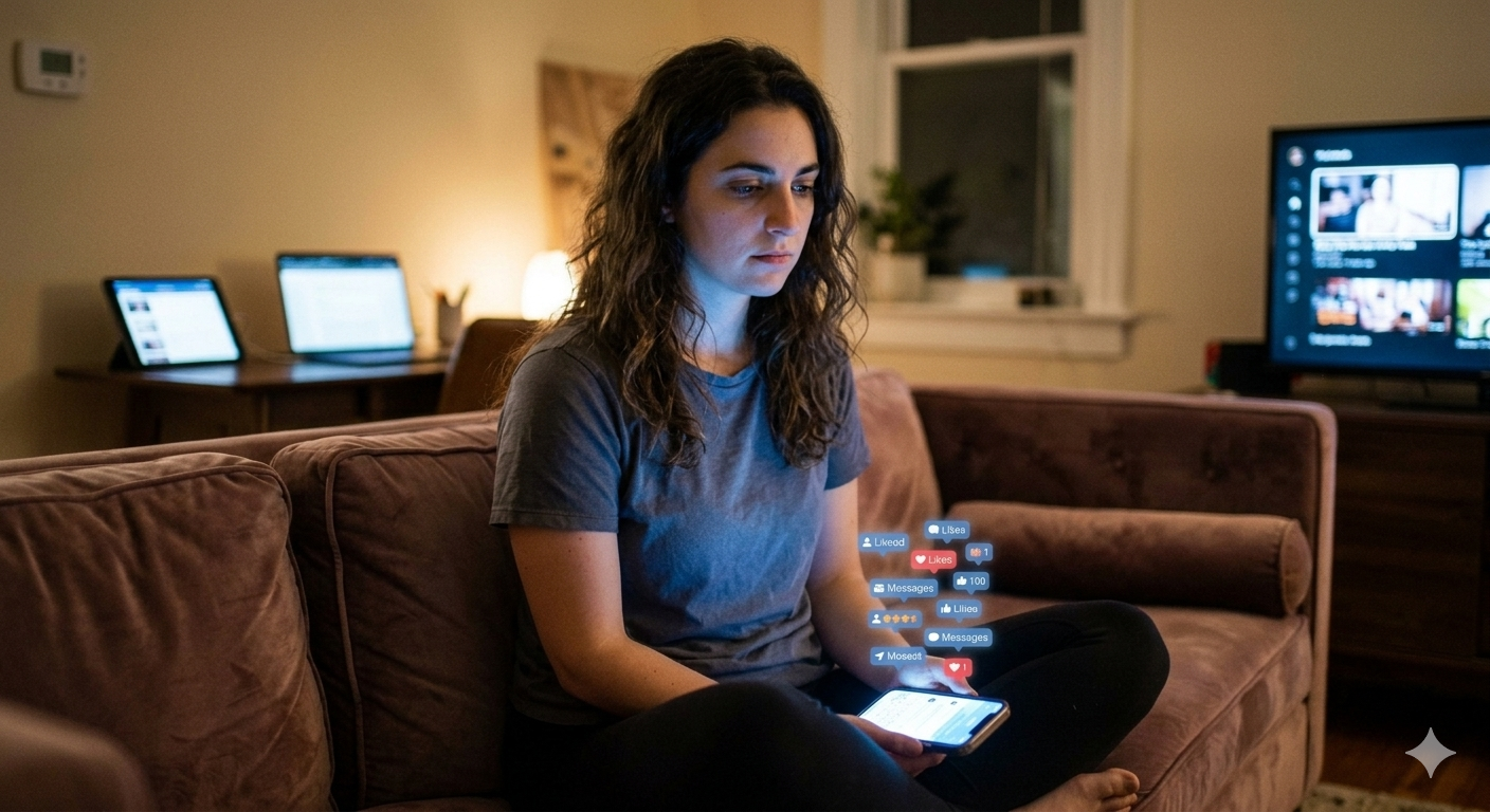 Person alone in a room, phone glowing nearby, surrounded by digital connection but appearing isolated