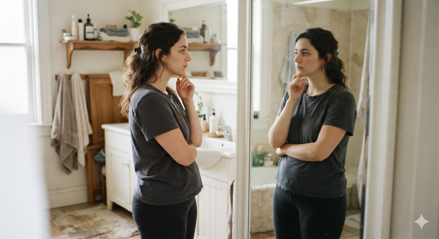 Person looking thoughtfully in a mirror, illustrating a moment of body image reflection