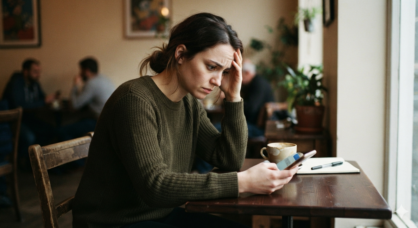 Person sitting alone, looking conflicted, phone in hand, in a moment of difficult decision
