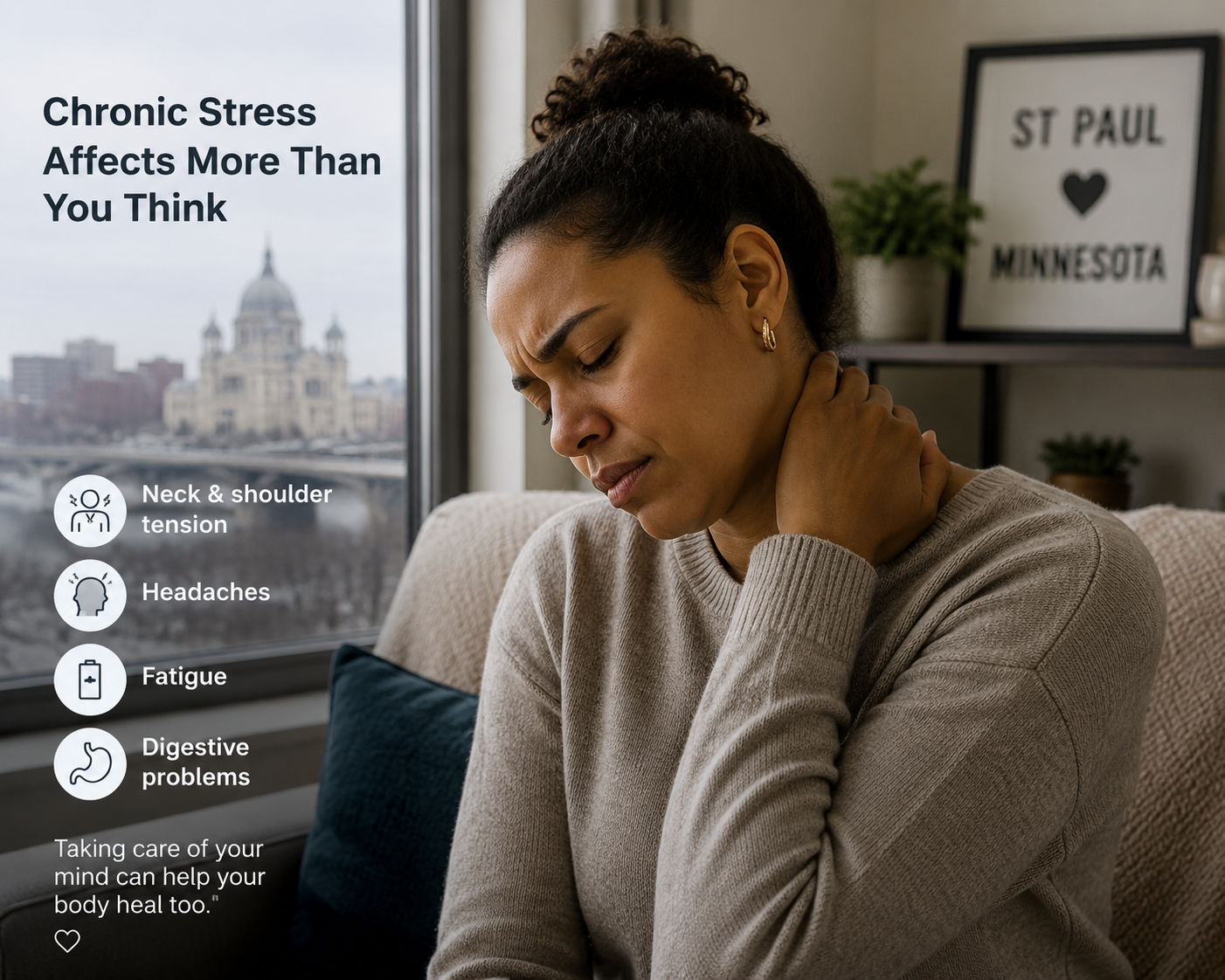 Person holding their neck, illustrating physical effects of chronic stress