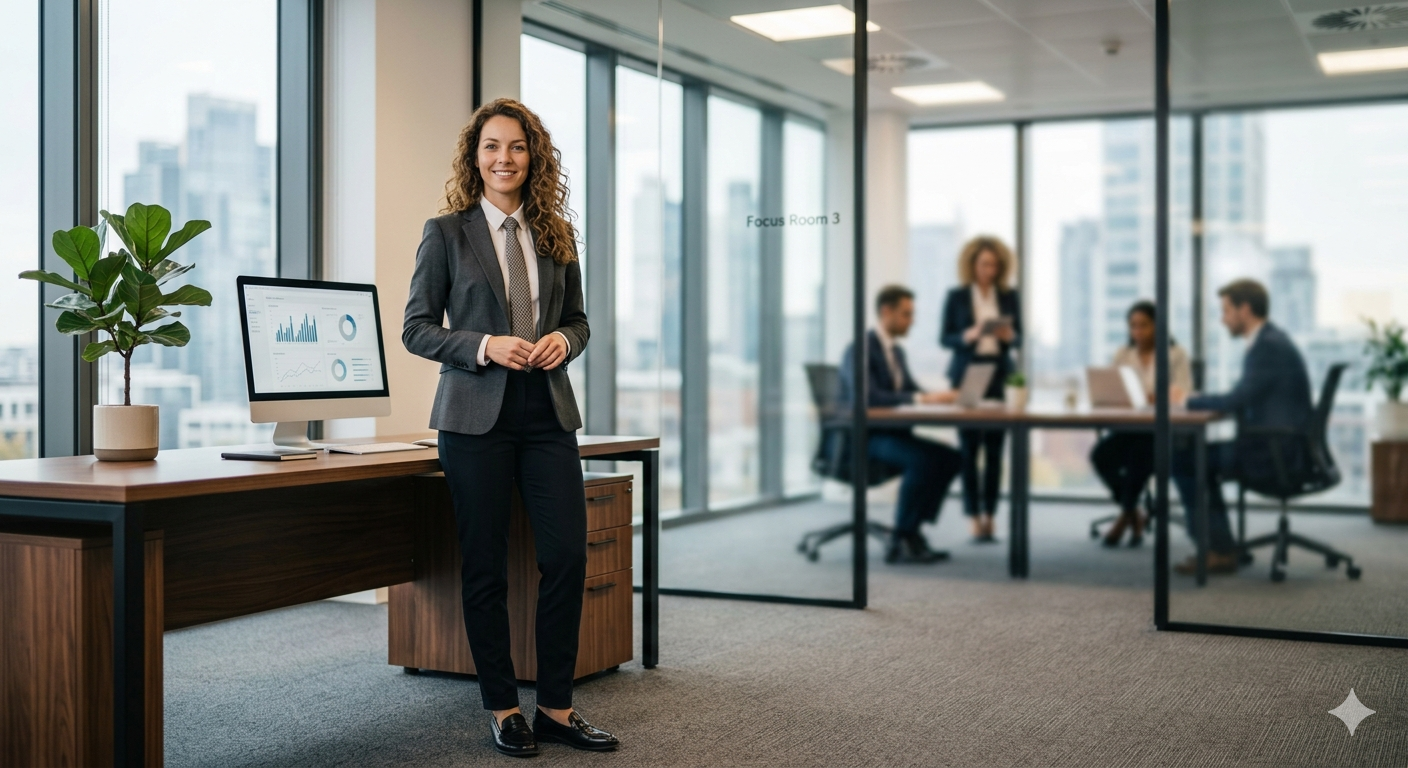 Clean, corporate office setting with a calm, composed professional in the foreground