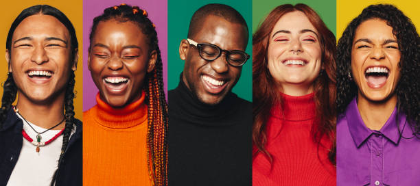 Vibrant, saturated photography of people laughing and moving freely, full of color and life